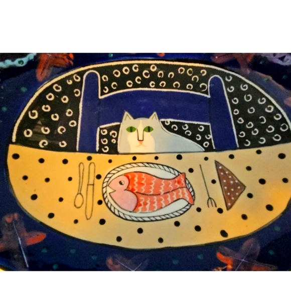 Solveig Cox Whimsical Cat With Fish Pottery Bowl Platter Signed - Picture 2 of 6